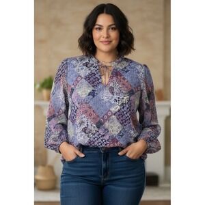 Zac & Rachel Multicolor Chiffon Boho Patchwork Bouse Ruched Sleeve Womens XL